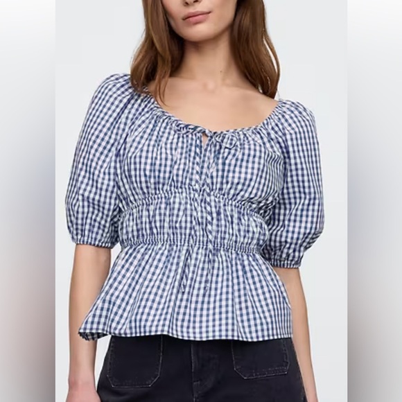 GAP Blue Gingham Puff Sleeve Blouse | Cottagecore Peplum Top S - Picture 1 of 4